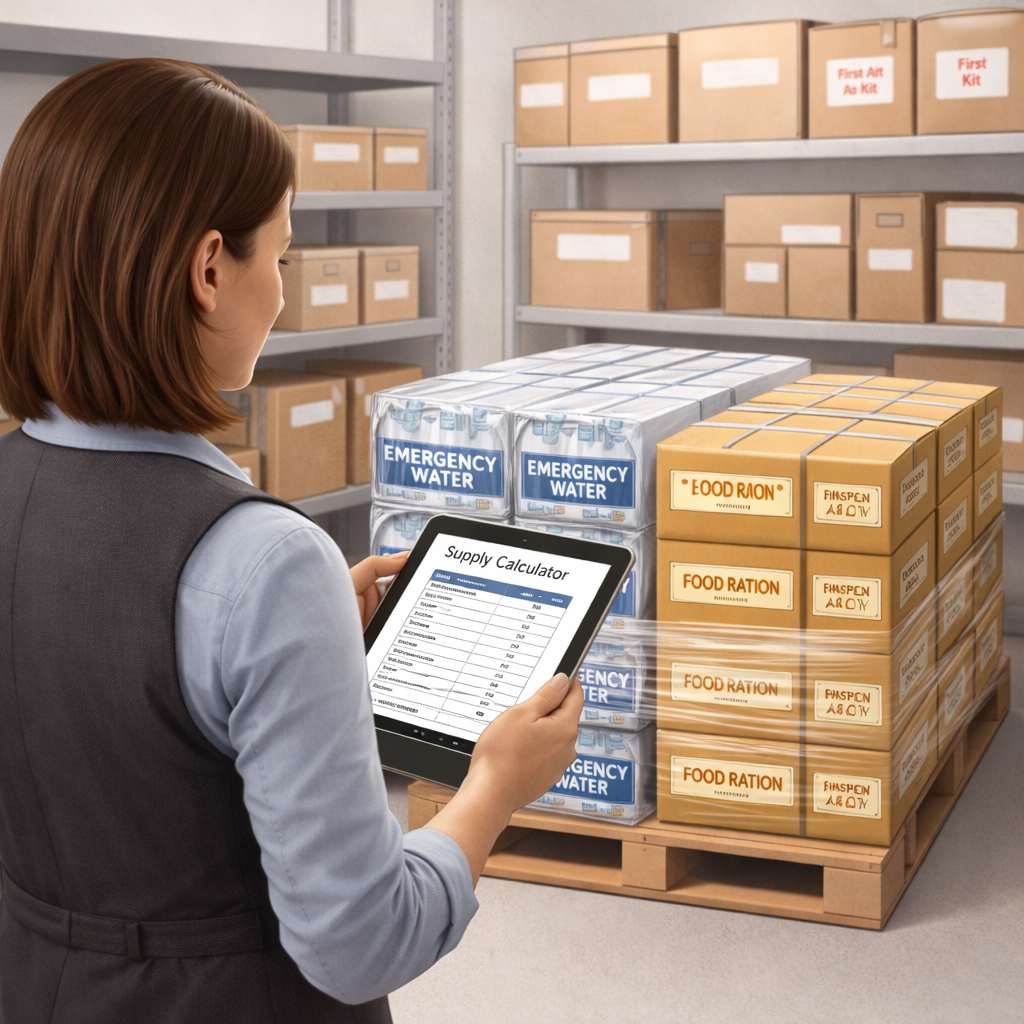 A school administrator using a tablet calculator to manage large-scale bulk emergency supplies in a storage room.